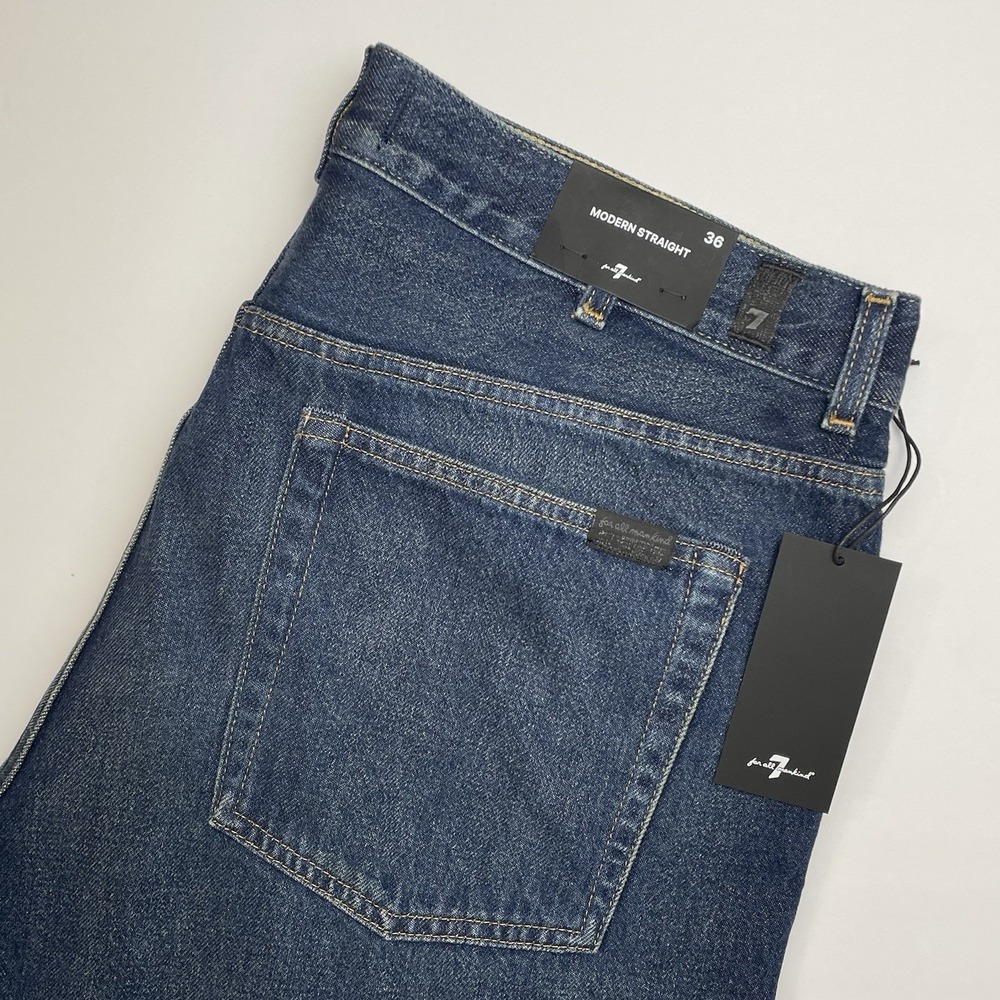 NEW 7 For All Mankind Modern Straight Jeans Men 36 Denim Blue Enduring Whiskers